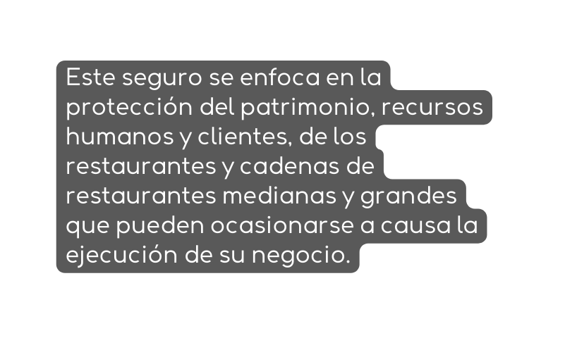 Este seguro se enfoca en la protección del patrimonio recursos humanos y clientes de los restaurantes y cadenas de restaurantes medianas y grandes que pueden ocasionarse a causa la ejecución de su negocio